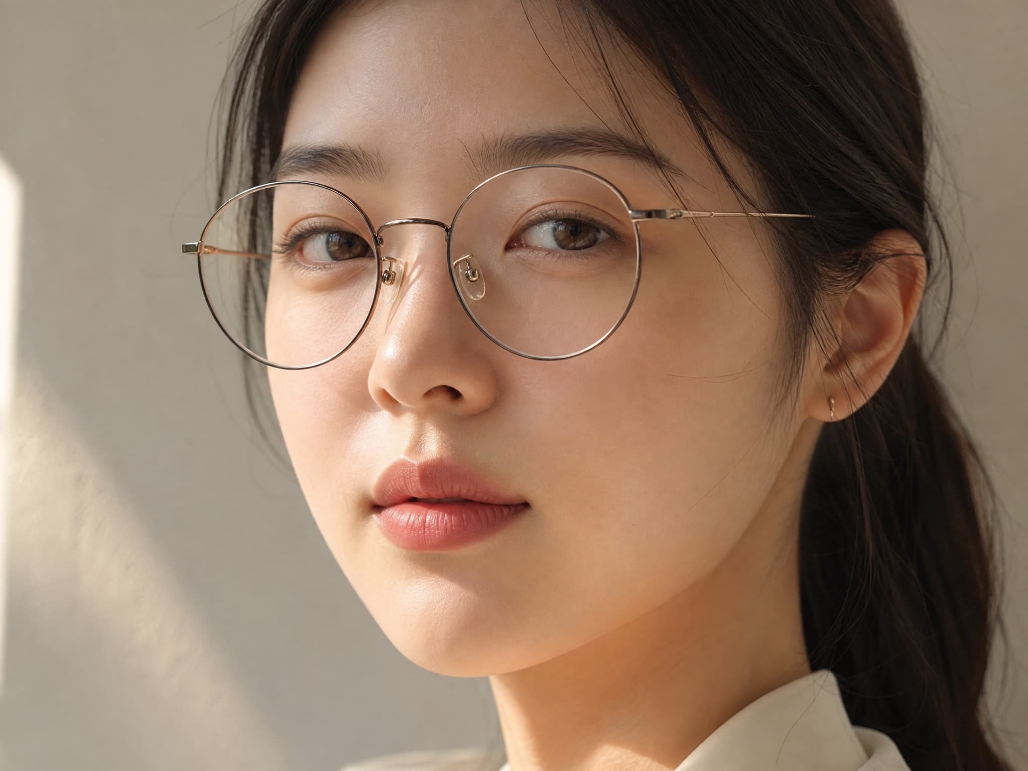 Round metal frames, model close-up in soft daylight