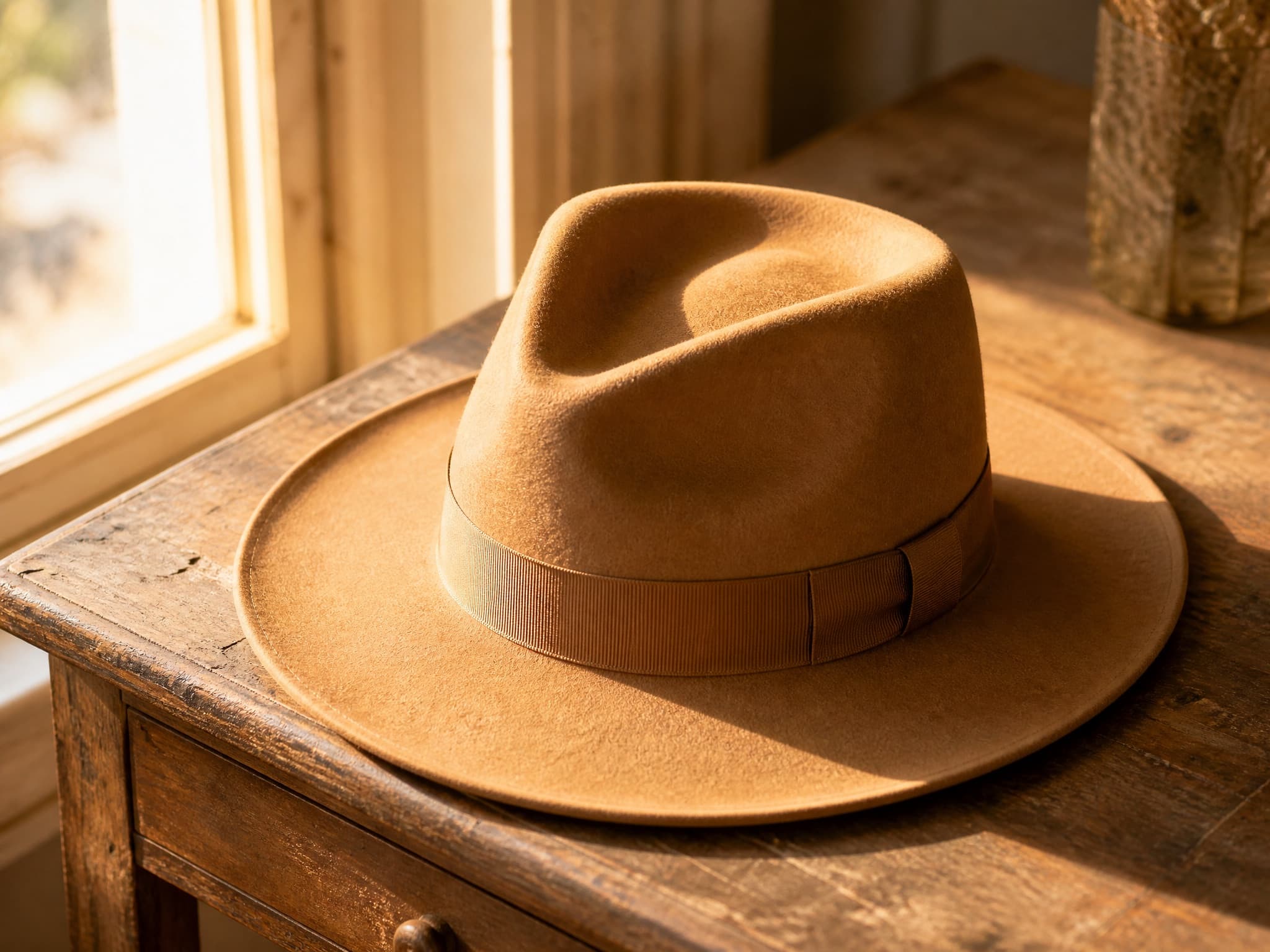 Camel-felt brim hat on side table, golden hour