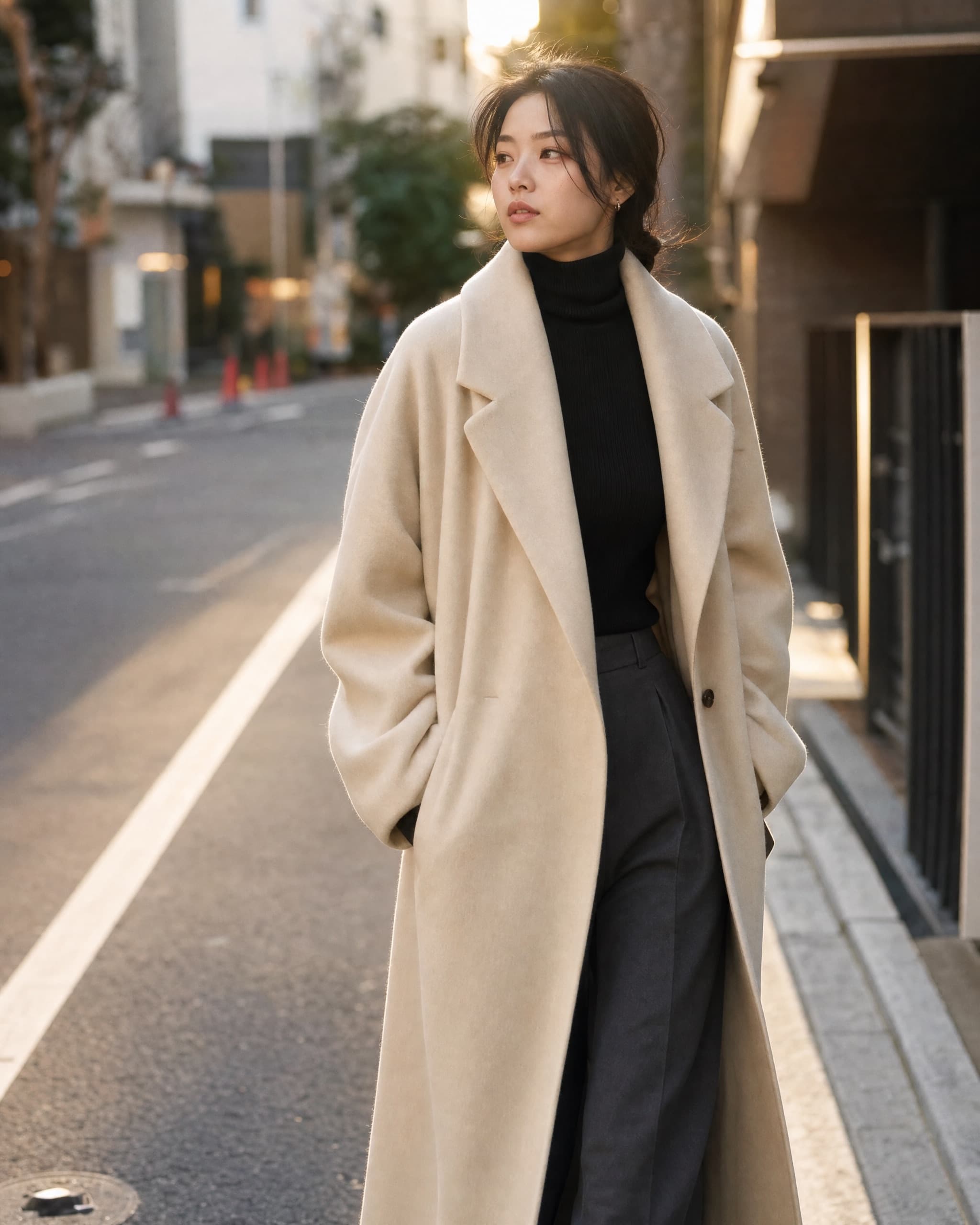 Woman in oversized ecru wool coat, walking through Tokyo at golden hour