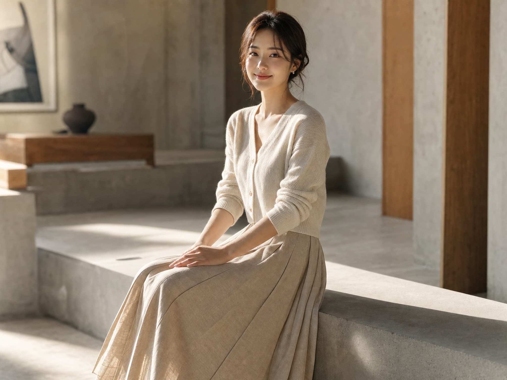 Woman in pleated midi skirt and cropped cardigan, Seoul gallery