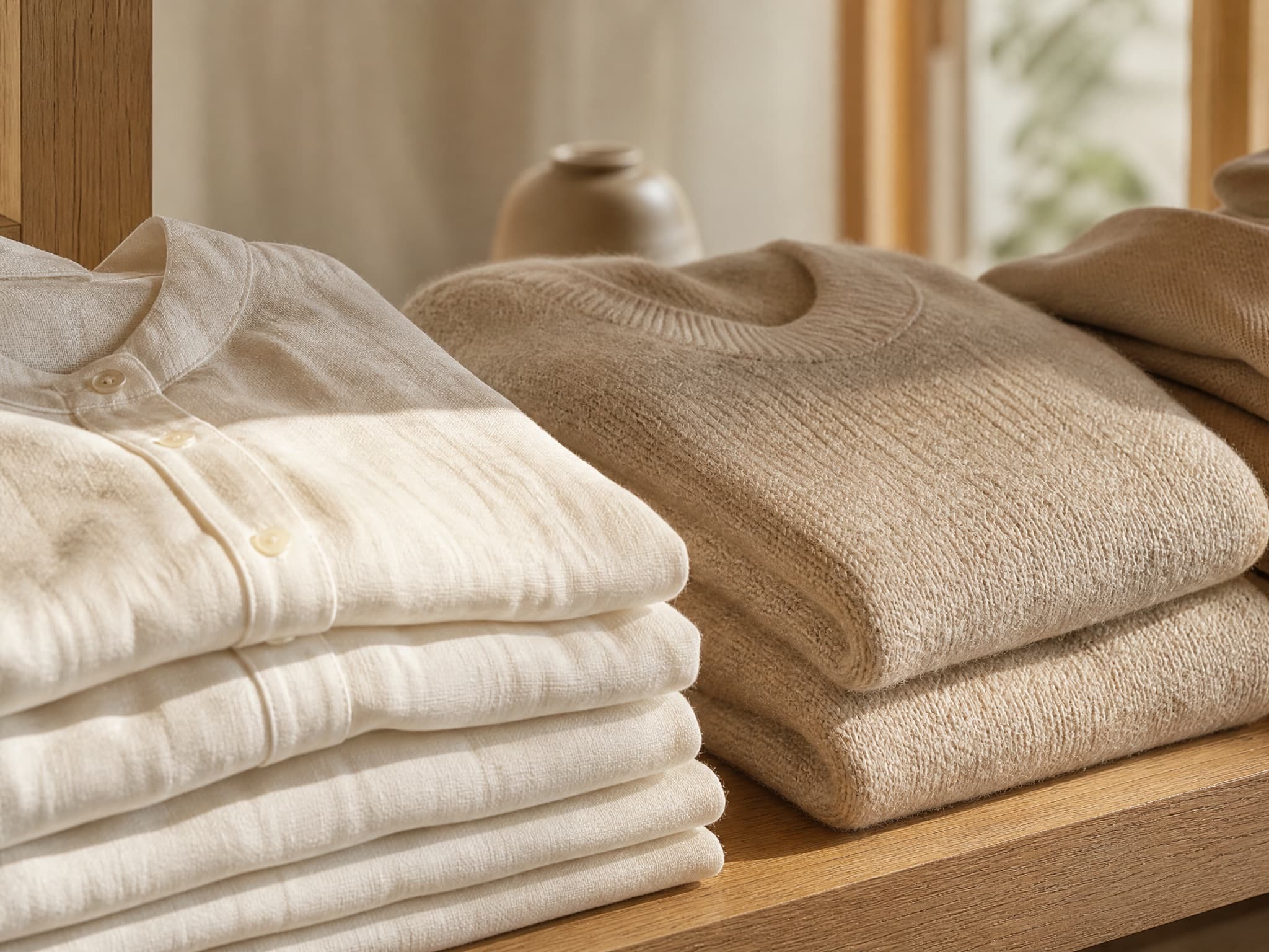 Stack of folded ivory linen shirts and oat sweaters on warm wood