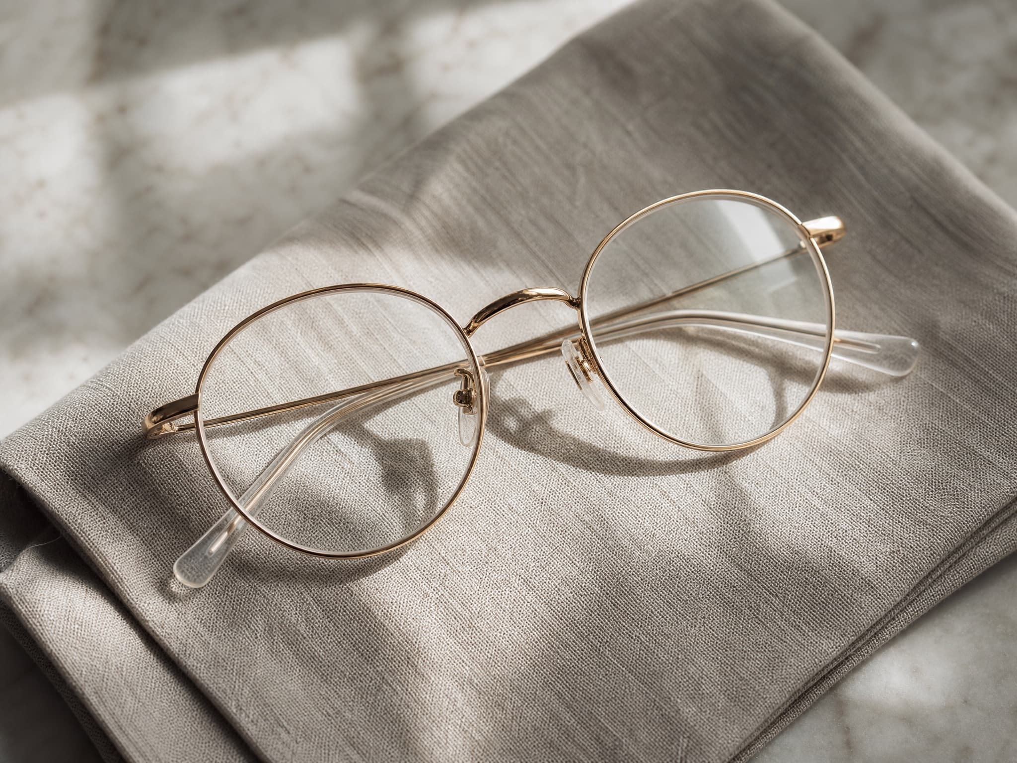 Eyewear flat lay on warm linen