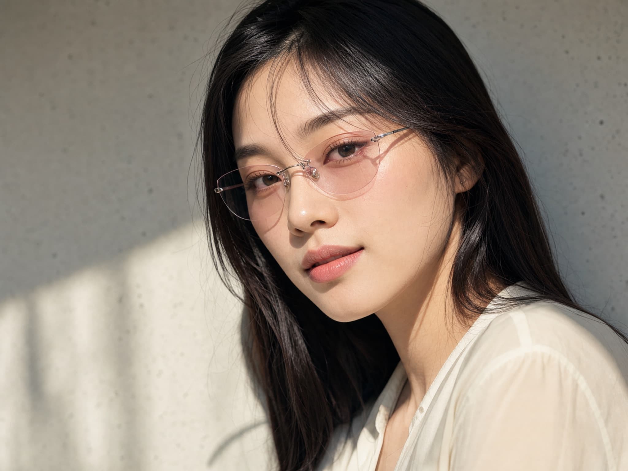 Round metal frames, model close-up
