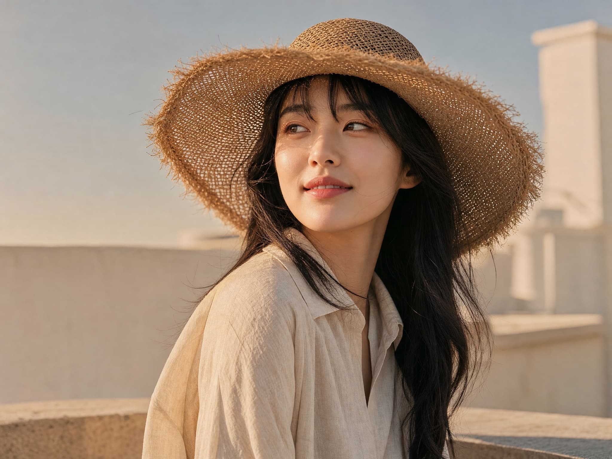 Woman in straw hat outdoor portrait