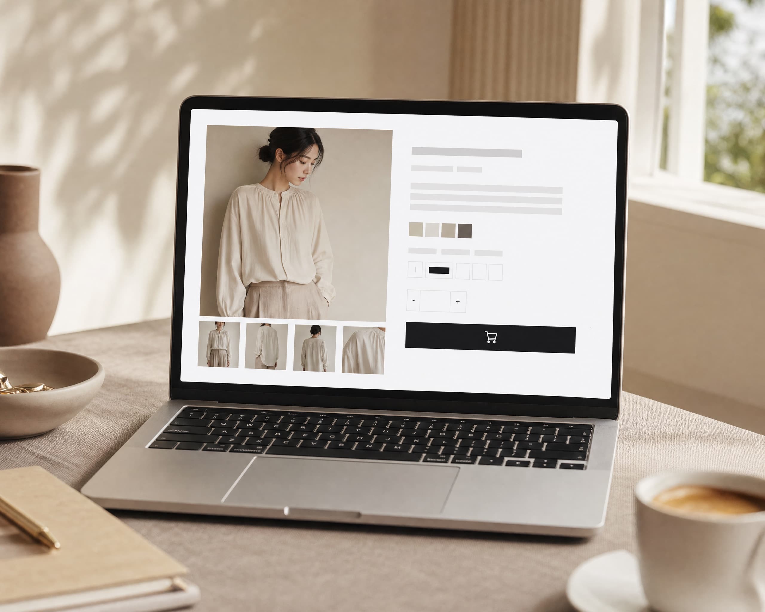 Shopify product page mockup on a laptop in a sunlit workspace